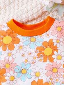 Bebé niña Sudadera con estampado floral ribete con fruncido - Naranja - Ver 3