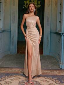 ADYCE 亮片单肩开衩长裙，配长腰带，优雅正式，适合鸡尾酒会、返校舞会、晚宴、婚礼和其他正式场合。也可作为毕业典礼、晚宴等活动的宾客礼服。