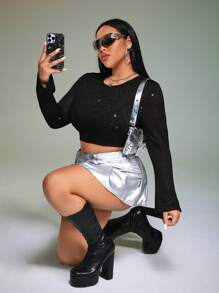 SHEIN ICON Plus Glitter Crop Sweater Without Bra - Black - View 3