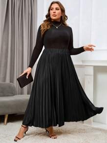 SHEIN Privé Plus Solid Pleated Skirt - Black - View 3