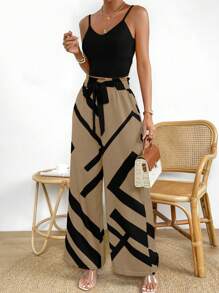 SHEIN LUNE Solid Cami Top & Geo Print Belted Wide Leg Pants - Khaki - View 1
