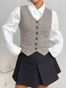 SHEIN Unity 千鳥格印花前紐扣馬甲無襯衫 - 咖啡棕 - 查看 3