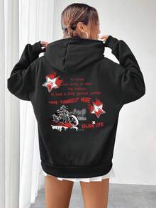 SHEIN EZwear Slogan Graphic Drop Shoulder Drawstring Thermal Lined Hoodie - Black - View 3