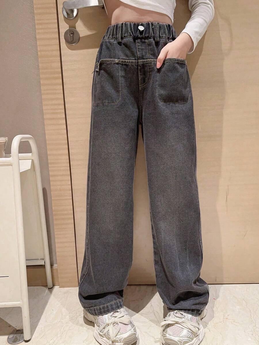 1pc Toddler Girls' Loose Straight Leg Wide Leg Jeans For Spring And Autumn - Dark Grey - View 1