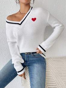 SHEIN Frenchy Thêu trái tim Sọc trang trí Thả vai Áo len - trắng - Xem 6