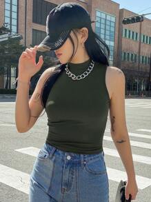 DAZY Mock Neck Ribbed Knit Tank Top - Army Green - View 5