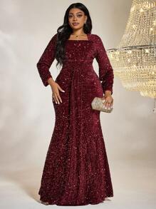 Plus Square Neck Draped Detail Sequin Formal Dress - Red - View 1