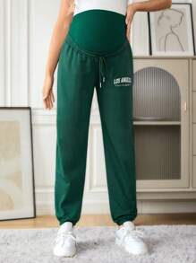 SHEIN Quần bó sát eo có dây rút đồ họa dành cho bà bầu - Màu xanh lá cây đậm - Xem 3