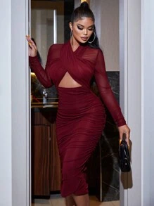 RueChic 前鏤空褶邊網紗緊身洋裝 - 酒紅色 - 查看 5