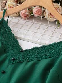 Calvaya Plus Contrast Lace Button Front Cami Top - Green - View 5