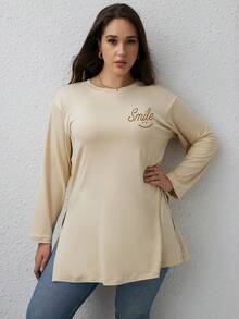 SHEIN Unity 大碼字母圖案下擺開叉T恤 - 杏色 - 查看 6