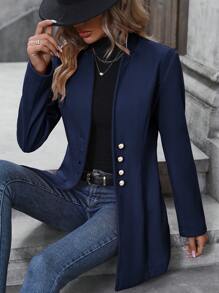 SHEIN Clasi Solid Button Detail Open Front Overcoat - Navy Blue - View 4