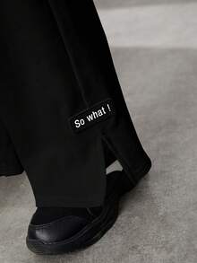 SHEIN Young Girl Letter Patched Detail Split Hem Sweatpants - Black - View 3