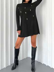 EURMUSE Rhinestone Detail Drop Shoulder Sweater Dress - Black - View 4