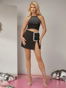 Hauture Maglia Di Rete A Maglia Con Dettagli In Strass E Scollo Ad Anello - nero - Visualizzare 5