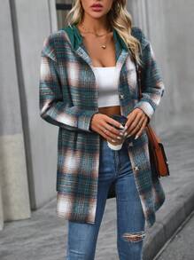 Chiquease Plaid Print Drop Shoulder Hooded Coat Fall Cloth For Women - Multicolor - View 4