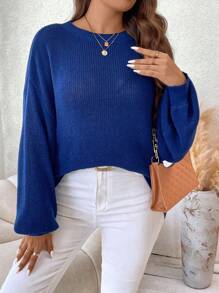 SHEIN Franclia Plus Drop Shoulder Ribbed Knit Sweater - Navy Blue - View 1