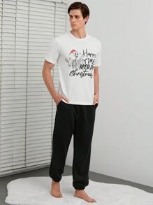 RueChic Men Christmas Slogan Graphic Lounge Set - Black - View 3