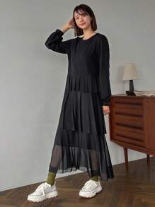 FRIFUL Solid Ruffle Hem Dress,Fall Clothes Long Sleeve Dress Maxi Dress - Black - View 8