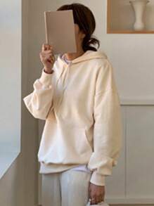 DAZY Kangaroo Pocket Drop Shoulder Drawstring Hoodie - Apricot - View 3