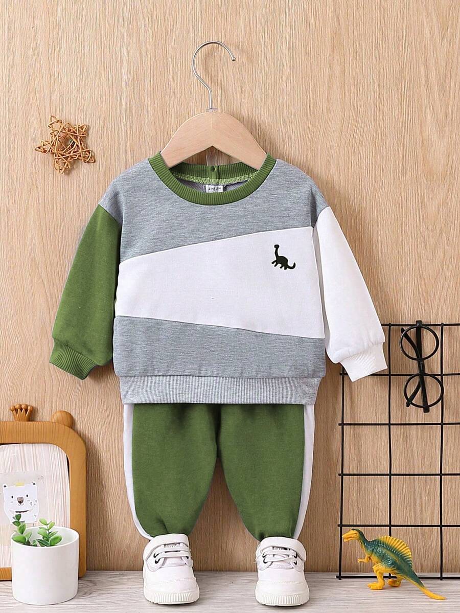 Baby Girl Colorblock Dinosaur Print Sweatshirt & Sweatpants - Dark Green - View 1