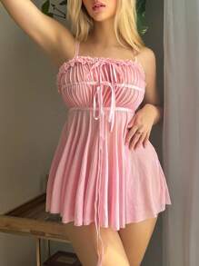Pure Desire Frill Trim Tie Front Mesh Babydoll Sexy Lingerie Dress With Thong - Pink - View 1