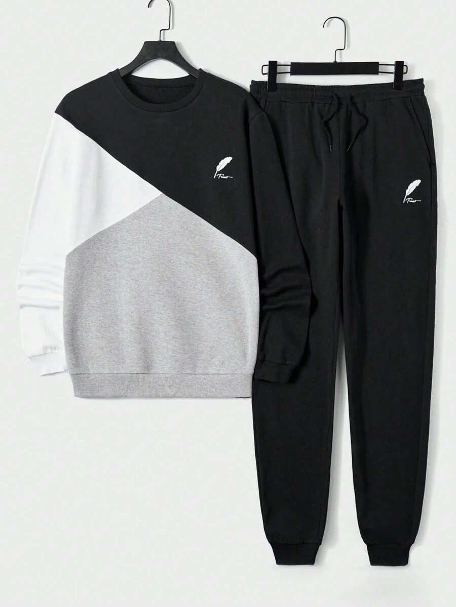 RueChic Men Color Block Sweatshirt & Drawstring Waist Sweatpants - Grey - View 1