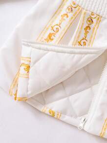 Girls Baby Baroque Print Zip Up Hooded Fold Pleated Detail Fold Pleated Detail Coat - Multicolor - View 3