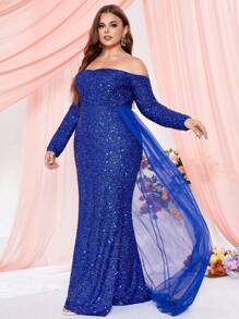 Hơn Off Shoulder Mảnh lưới Kim sa Ăn mặc trang trọng - Màu xanh lam - Xem 4