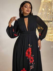 大碼印花雪紡洋裝 - 黑色 - 查看 4