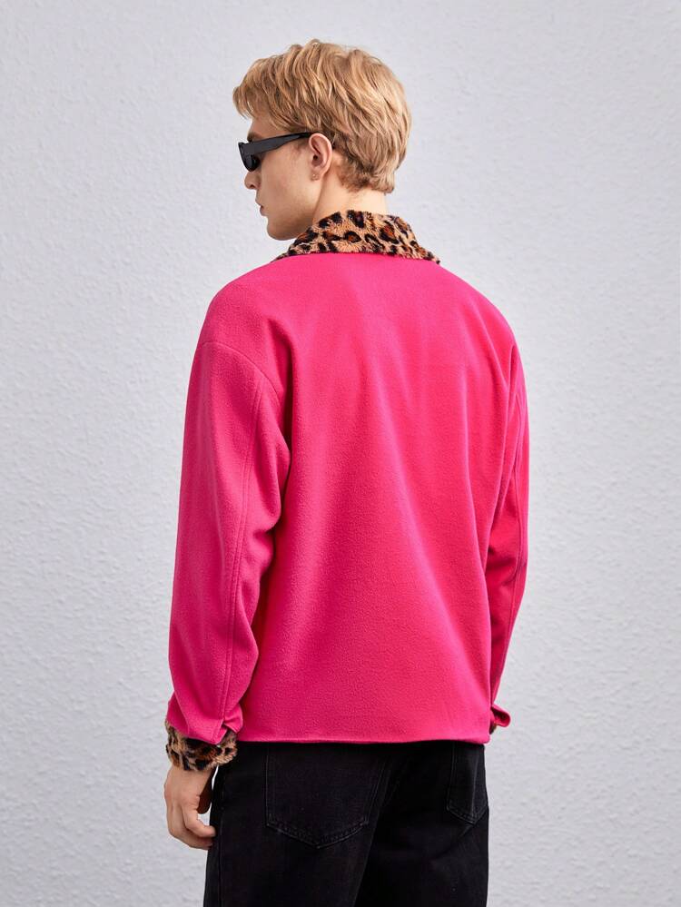 1pc Loose Fit Overcoat With Contrast Leopard Collar And Drop Shoulders, For Fall Winter