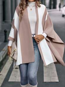 EMERY ROSE Two Tone Batwing Sleeve Asymmetrical Hem Cardigan,Long Sleeve Tops Fall Winter Cloth For Women - Khaki - View 6