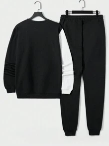 RueChic Men Color Block Sweatshirt & Drawstring Waist Sweatpants - Grey - View 2