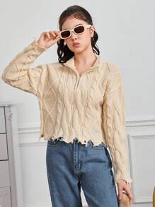 Thiếu niên cô gái Xoắn Dan Thả vai Áo len Distressed - Màu be - Xem 6