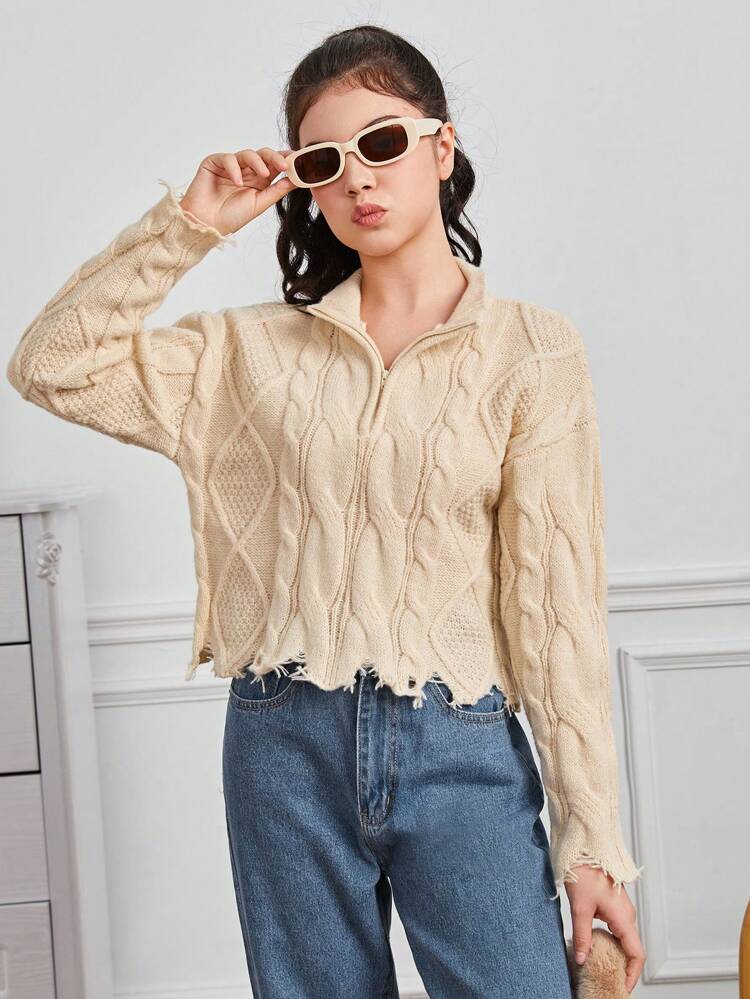 Teen Girl Cable Knit Drop Shoulder Distressed Sweater