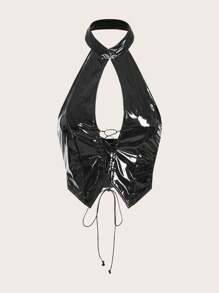 SHEIN ICON Halloween Lace Up Front Cut Out Front PU Leather Halter Top - Black - View 1