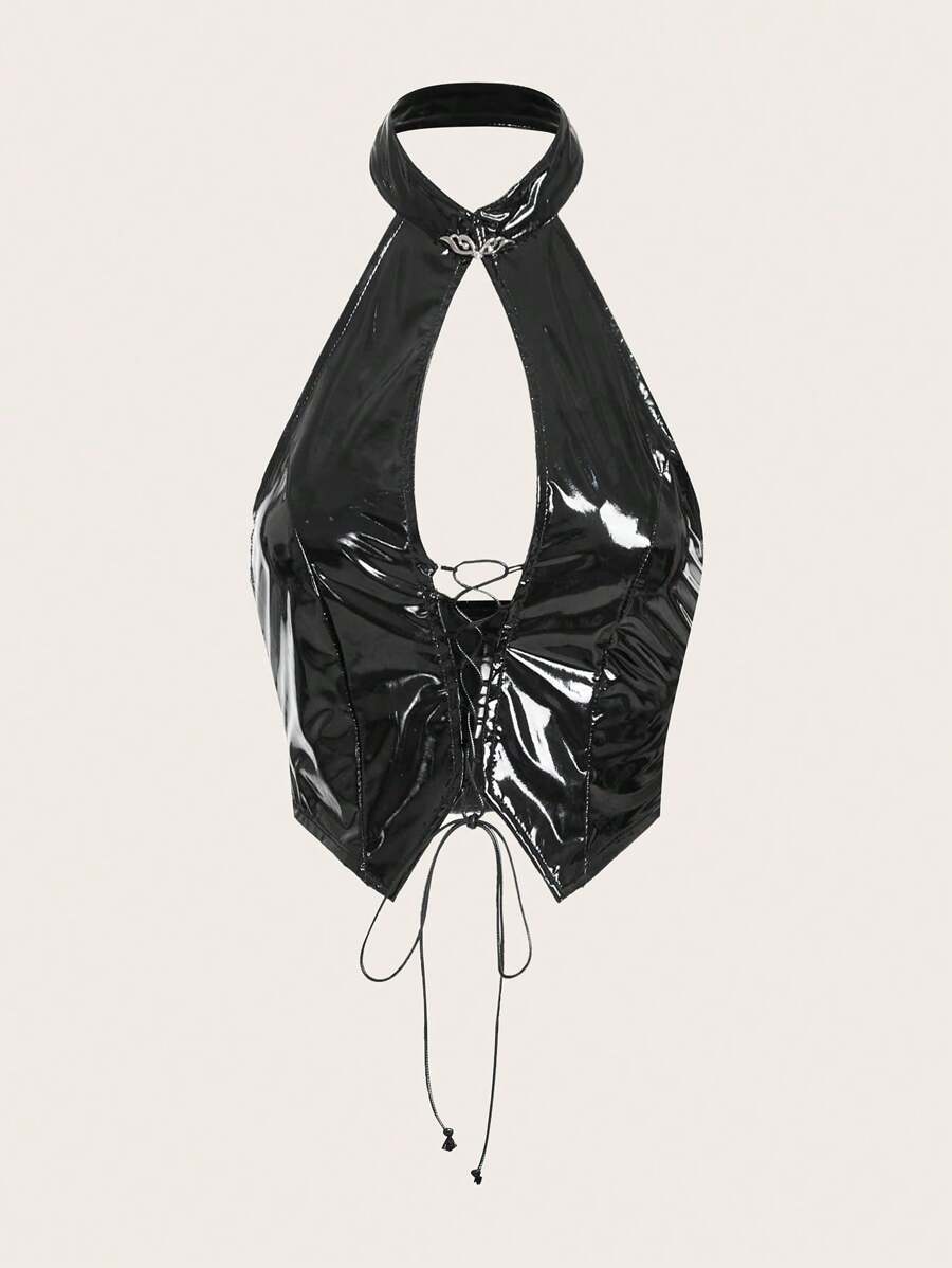 SHEIN ICON Halloween Lace Up Front Cut Out Front PU Leather Halter Top - Black - View 1