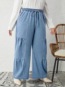 SHEIN LUNE Plus Drawstring Waist Ruched Wide Leg Jeans - Light Wash - View 6