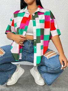 SHEIN LUNE Plus Plaid Print Drop Shoulder Shirt - Multicolor - View 6