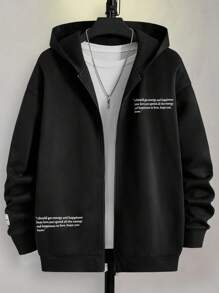 GENTILAND Loose Fit Men's Slogan Graphic Drop Shoulder Zipper Hoodie Without T-Shirt - Black - View 1