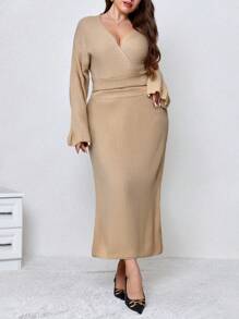 SHEIN Unity Jersey corto de hombros caídos con falda de punto - Albaricoque - Ver 1