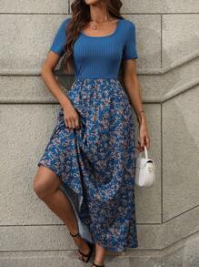 EMERY ROSE 碎花印花圆领连衣裙 女式长款服装 - 藍色 - 查看 5