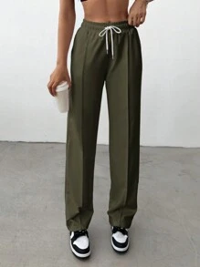 Cotton Solid Drawstring Waist Straight Leg Sweatpants - Green - View 5