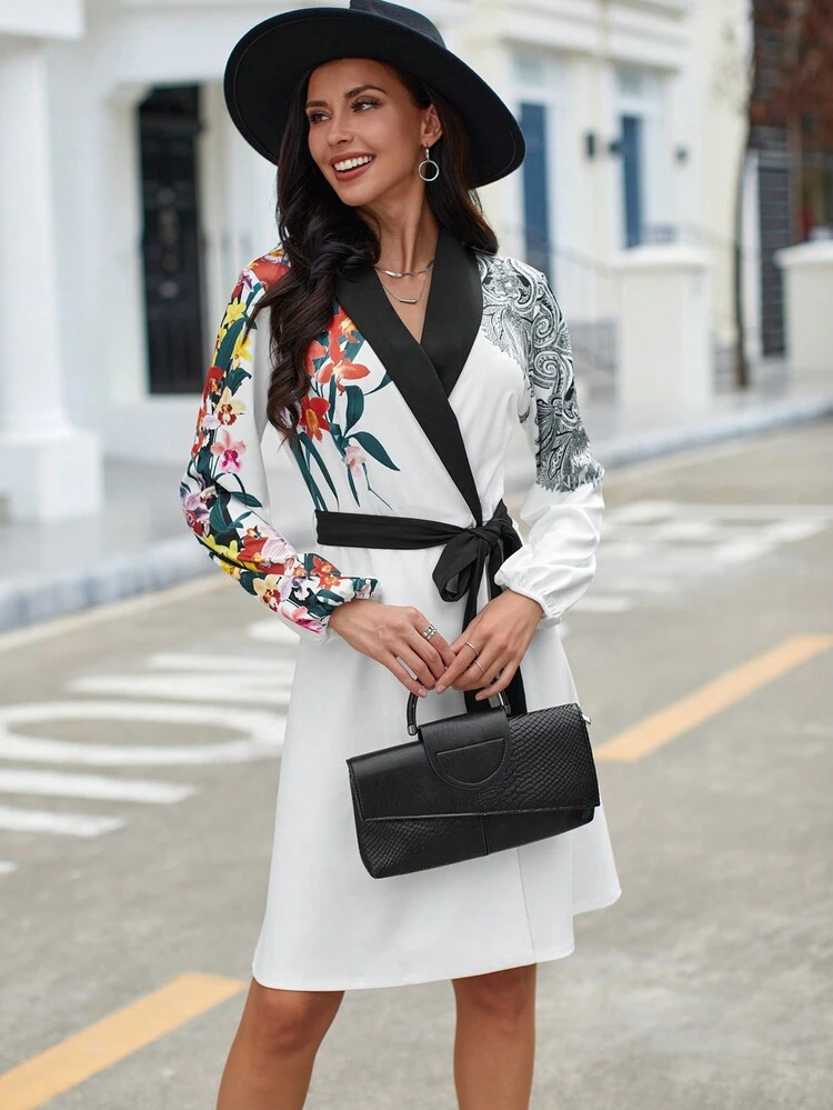 Floral Print Shawl Collar Belted Dress