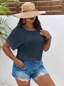 SHEIN Frenchy 大碼素色蝙蝠袖T恤 - 藏蓝色 - 查看 7