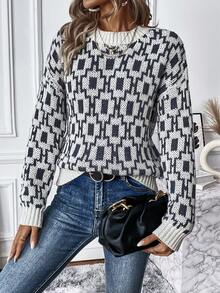 SHEIN LUNE Allover Pattern Drop Shoulder Sweater - Black and White - View 5