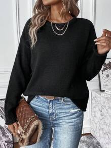 EMERY ROSE Ladies' Autumn And Winter New Round Neck Retro Elegant Slouchy Loose Casual Temperament Atmospheric Versatile Outdoor Commuting Date Pullover Sweater Fall Cloth For Women - Black - View 5