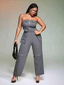 SHEIN ICON Plus Zip Up Tube Top & Flap Pocket Cargo Pants - Grey - View 2