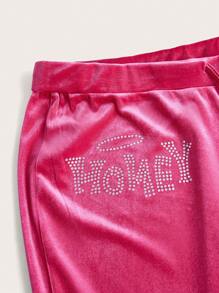 SHEIN EZwear Plus Rhinestone Letter Pattern Drawstring Waist Flare Leg Pants/Valentine's Day - Hot Pink - View 4