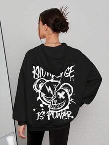 少女卡通字母图案卫衣 - 黑色 - 查看 4